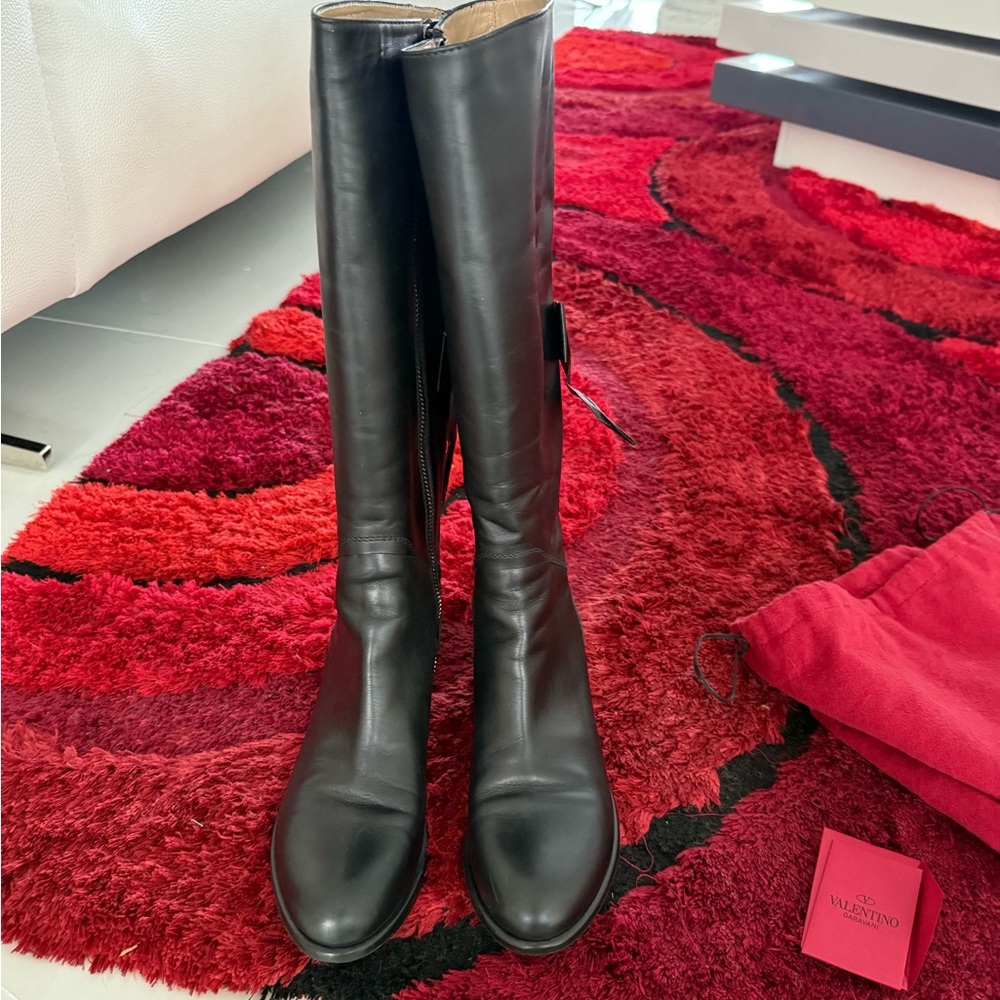 Valentino Black Over the Knee Boots Sleek Leather Design authentic